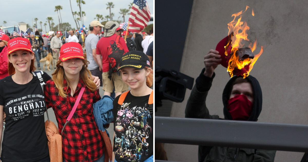 Girls wearing MAGA hats, left, and Antifa burning a MAGA hat, left.
