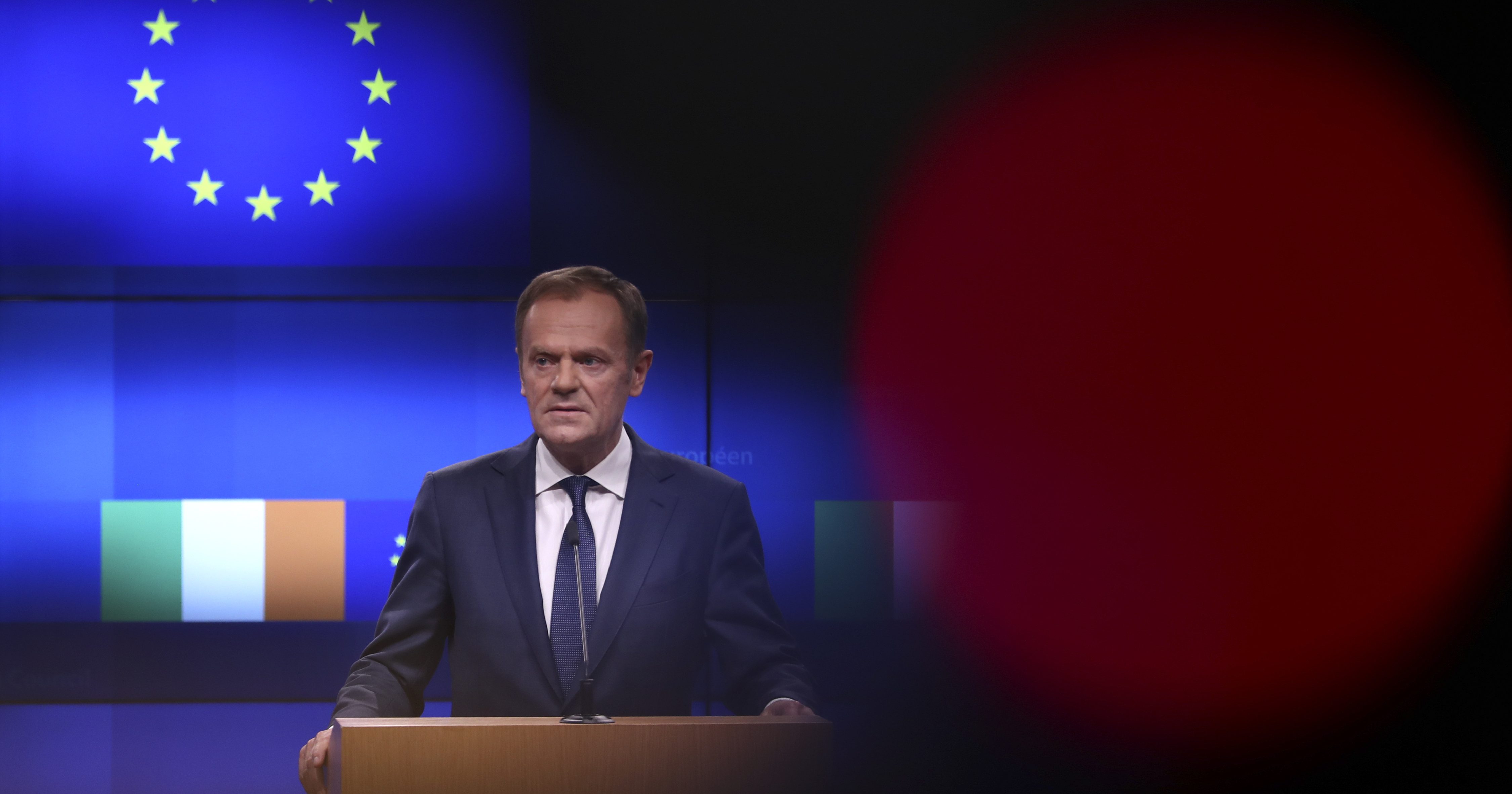 European Council President Donald Tusk makes a joint statement with Irish Prime Minister Leo Varadkar following their meeting at the Europa building in Brussels on Wednesday.