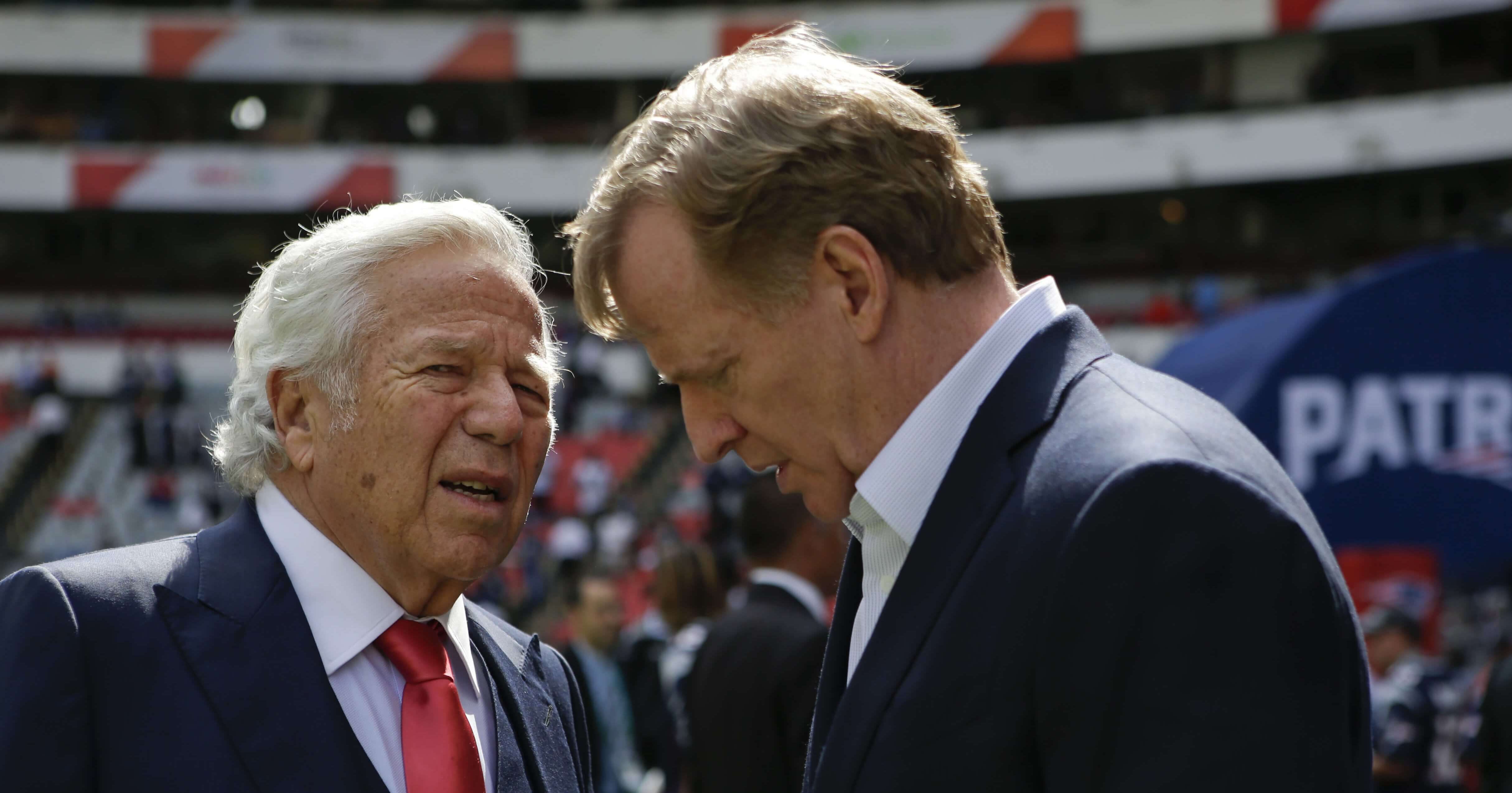 NFL Commissioner Roger Goodell, right, talks with New England Patriots owner Robert Kraft before the Patriots face the Oakland Raiders in Mexico City on Nov. 19, 2017.