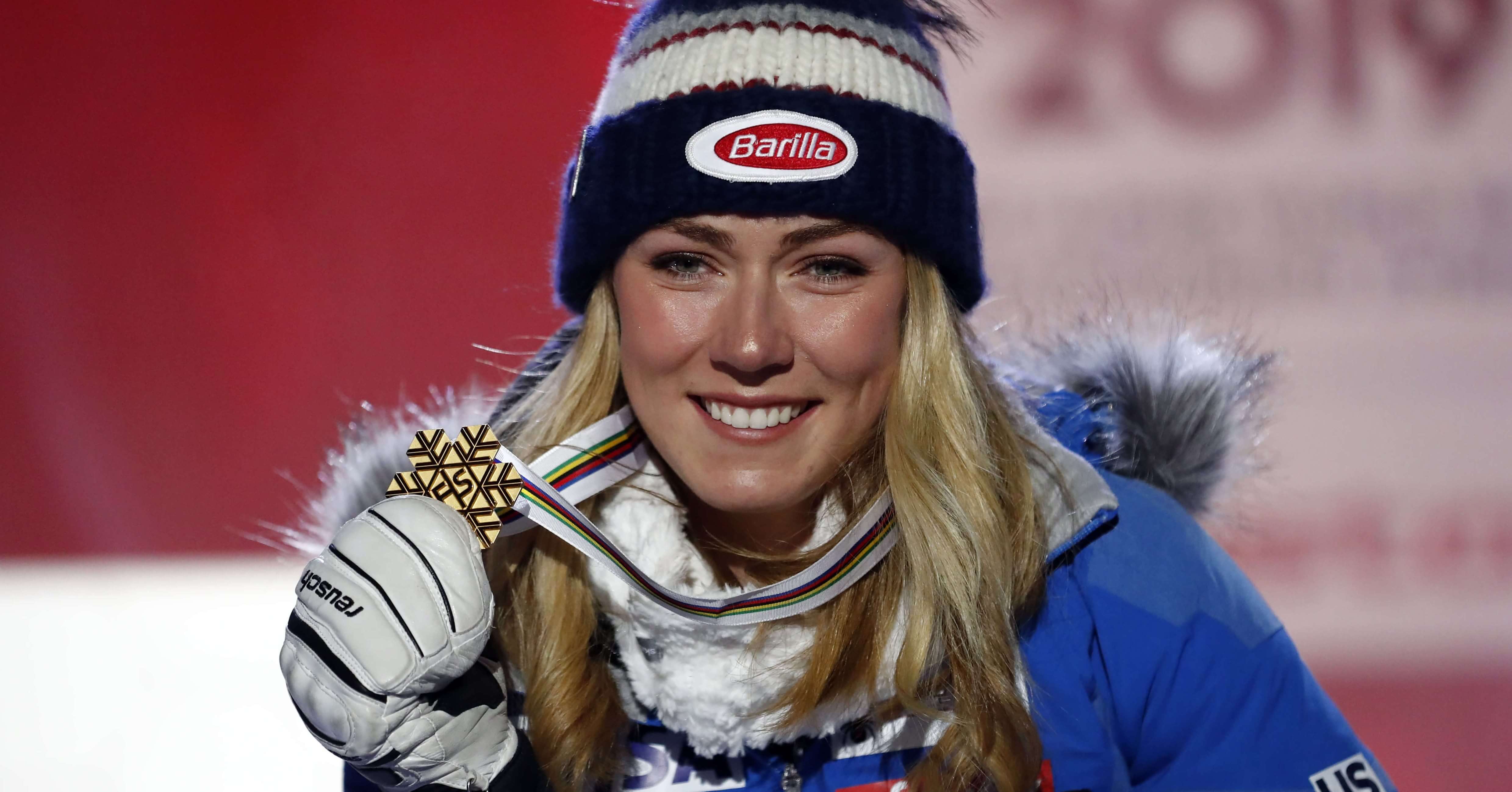 Mikaela Shiffrin poses with her gold medal in the women's super-G at the alpine ski World Championships in Are, Sweden, on Tuesday.