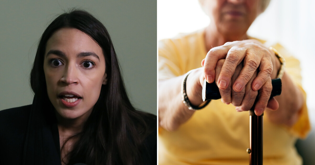 Alexandria Ocasio-Cortez, left, and elderly woman with cane, right.