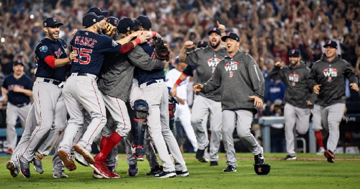 Players for the Boston Red Sox celebrate after winning the World Series in Los Angeles on Oct. 28.