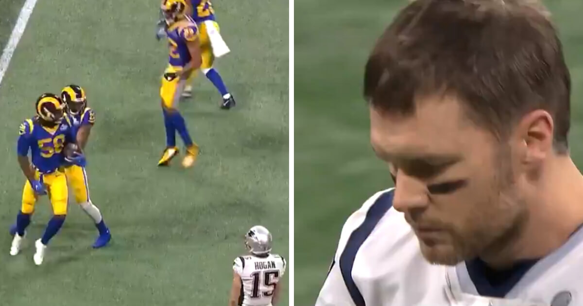 Patriots quarterback Tom Brady threw an interception on his team's first series in Super Bowl LIII.