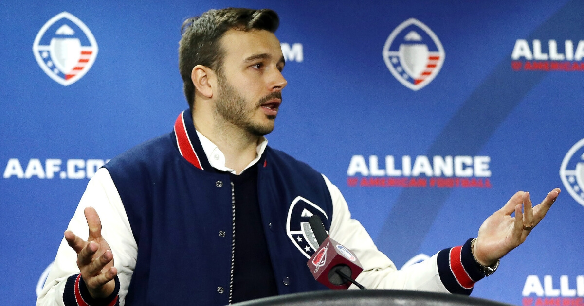 Alliance of American Football co-founder Charlie Ebersol speaks during a news conference Feb. 9 after the San Antonio Commanders defeated the San Diego Fleet 15-6 in an AAF game at the Alamodome.