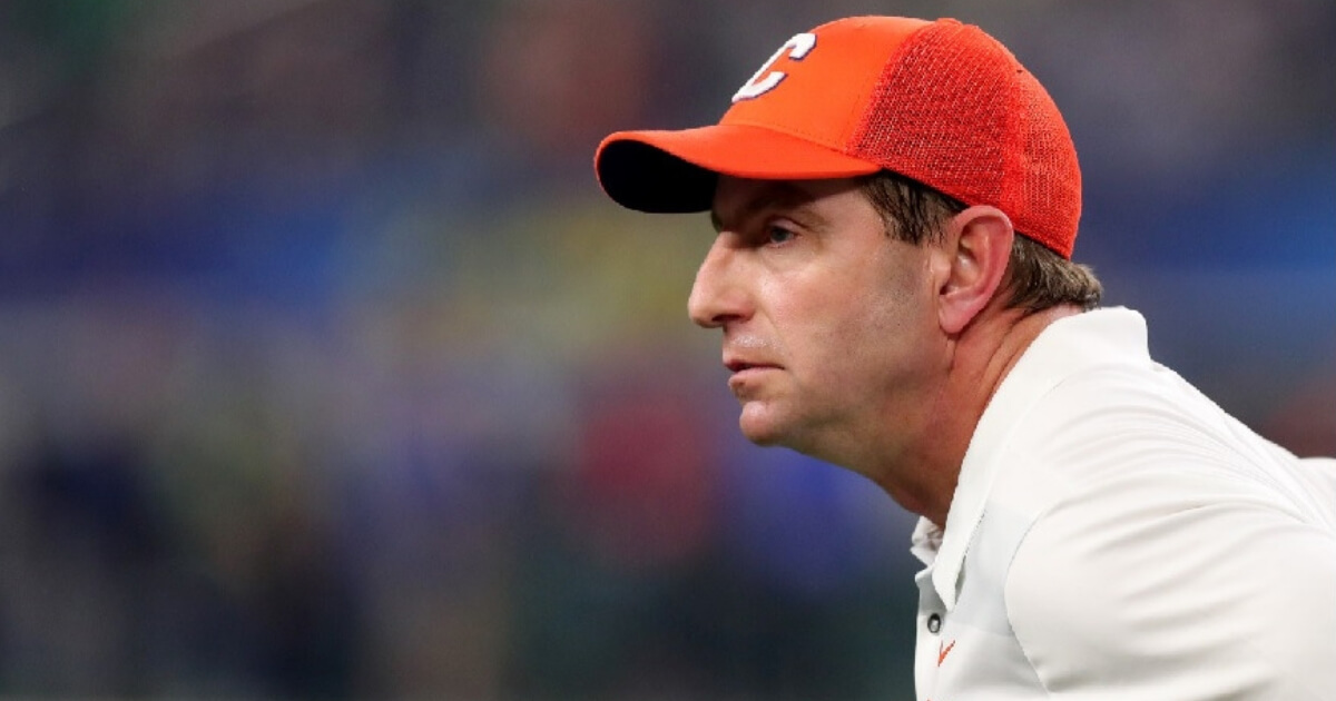 Head coach Dabo Swinney of the Clemson Tigers looks on in the first half against the Notre Dame Fighting Irish during the College Football Playoff Semifinal Goodyear Cotton Bowl Classic at AT&T Stadium on Dec. 29, 2018 in Arlington, Texas.