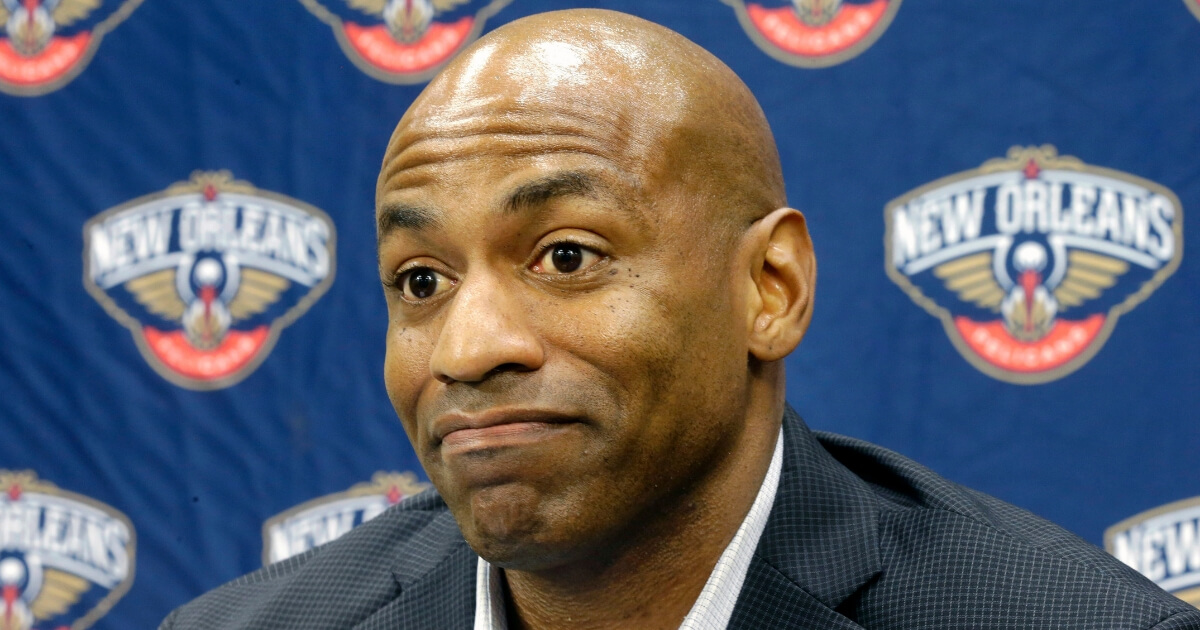 New Orleans Pelicans general manager Dell Demps speaks during an NBA basketball news conference at the team's practice facility