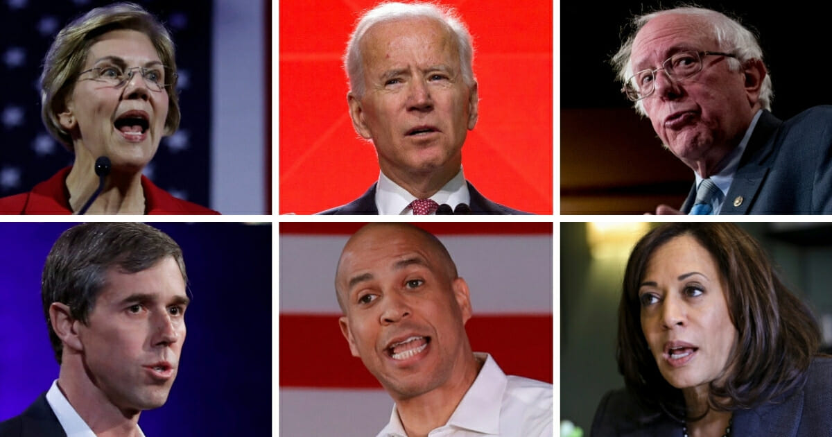 Top from left: Sen. Elizabeth Warren of Massachusetts, former Vice President Joe Biden and Sen. Bernie Sanders of Vermont. Bottom from left: former U.S. Rep. Beto O'Rourke of Texas, Sen. Cory Booker of New Jersey and Sen. Kamala Harris of California. 