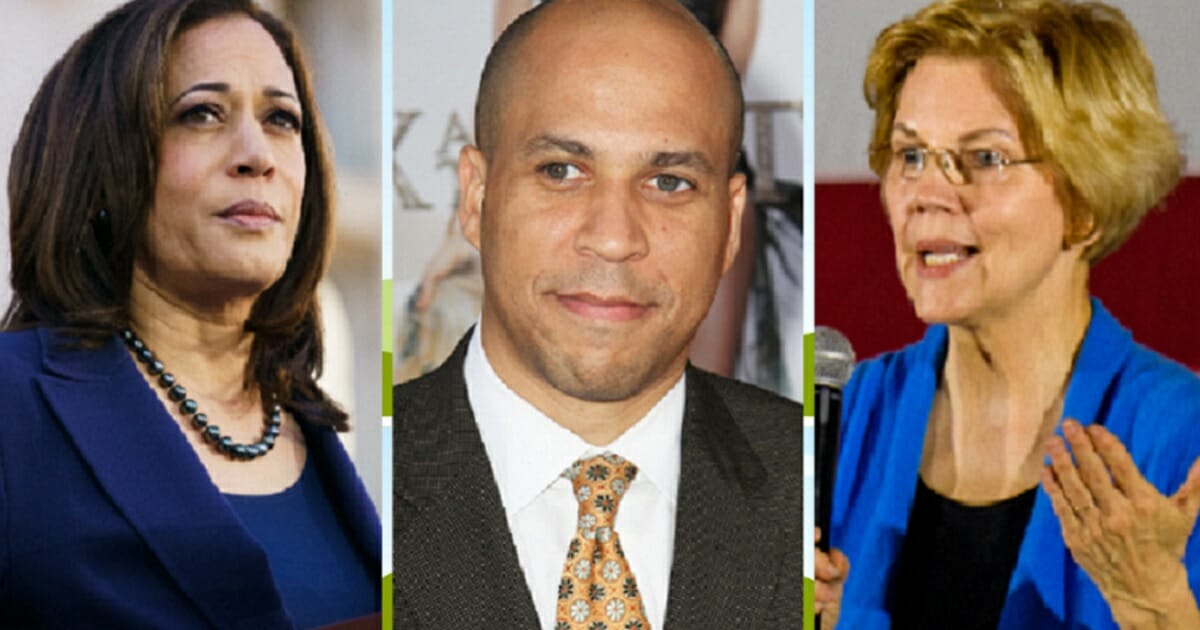 Sens. Kamala Harris, left, Cory Booker, center, and Elizabeth Warren, right.