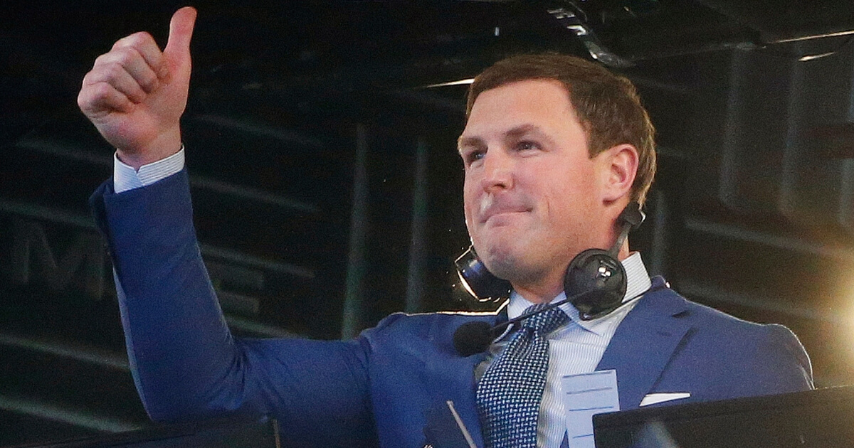Jason Witten gives a thumbs up from the broadcast booth as he is recognized by the Dallas Cowboys before a Nov. 5, 2018, game between the Cowboys and the Tennessee Titans in Arlington, Texas.