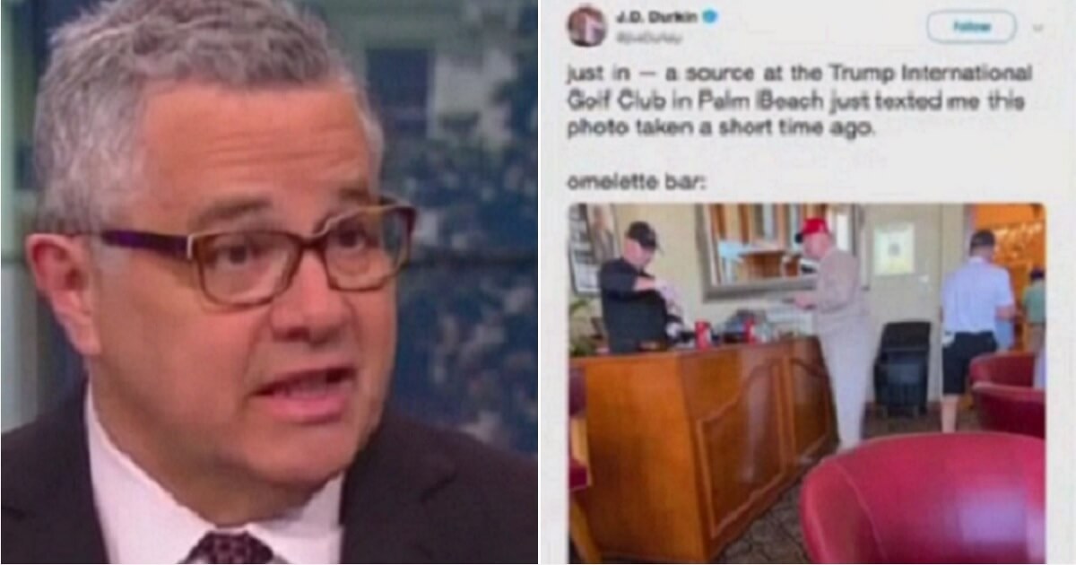 CNN analyst Jeffrey Toobin, left; a tweet showing President Donald Trump at an omelet bar, right.