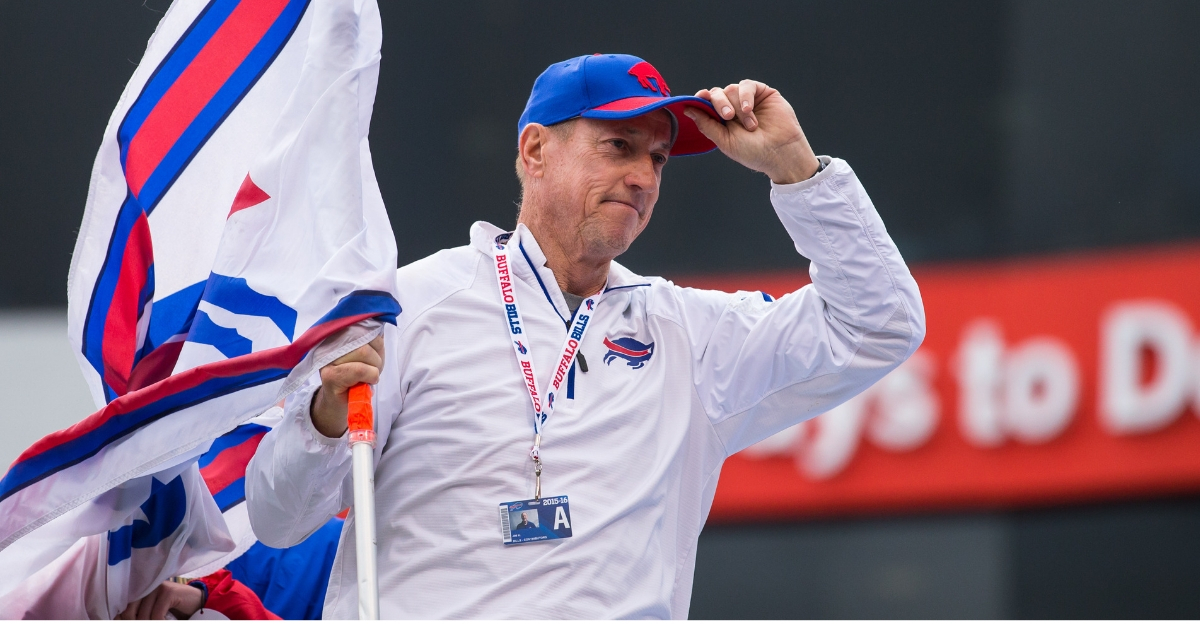 Hall of Fame quarterback Jim Kelly nods to fans before the game between the Buffalo Bills and the Indianapolis Colts.