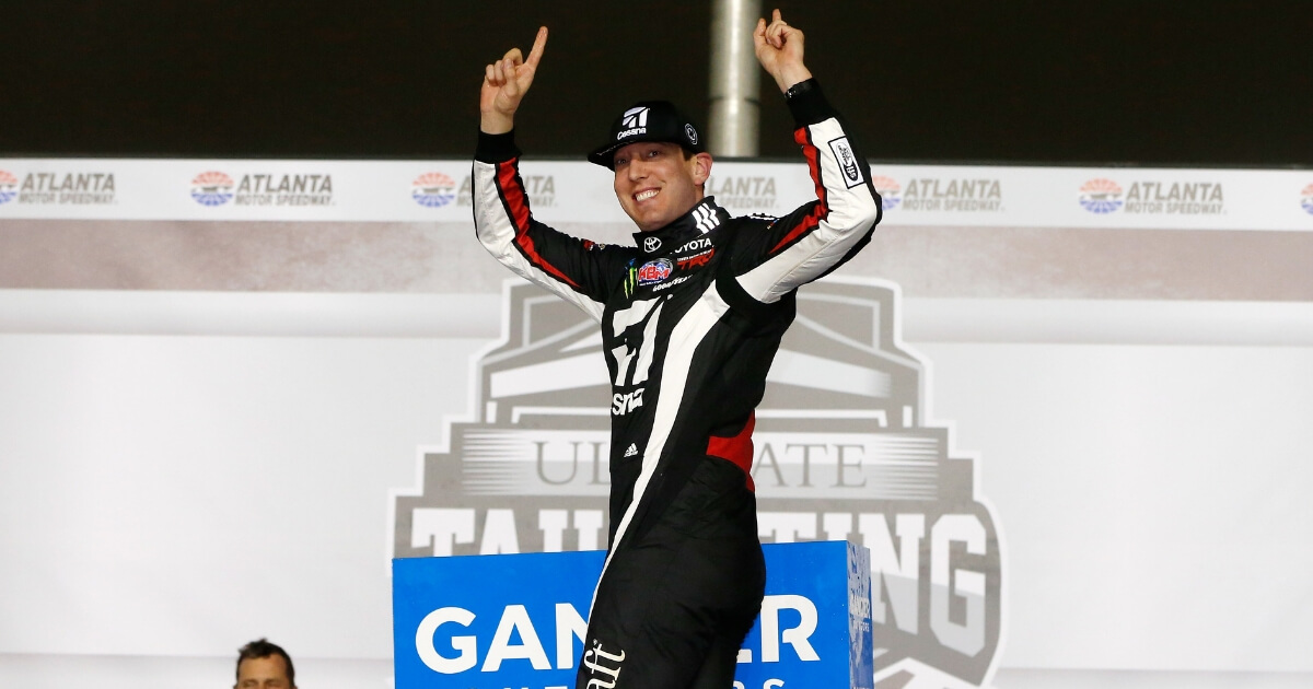 Kyle Busch, driver of the #51 Cessna Toyota, celebrates in victory lane after winning the NASCAR Gander Outdoors Truck Series Ultimate Tailgating 200 at Atlanta Motor Speedway on February 23, 2019 in Hampton, Georgia.