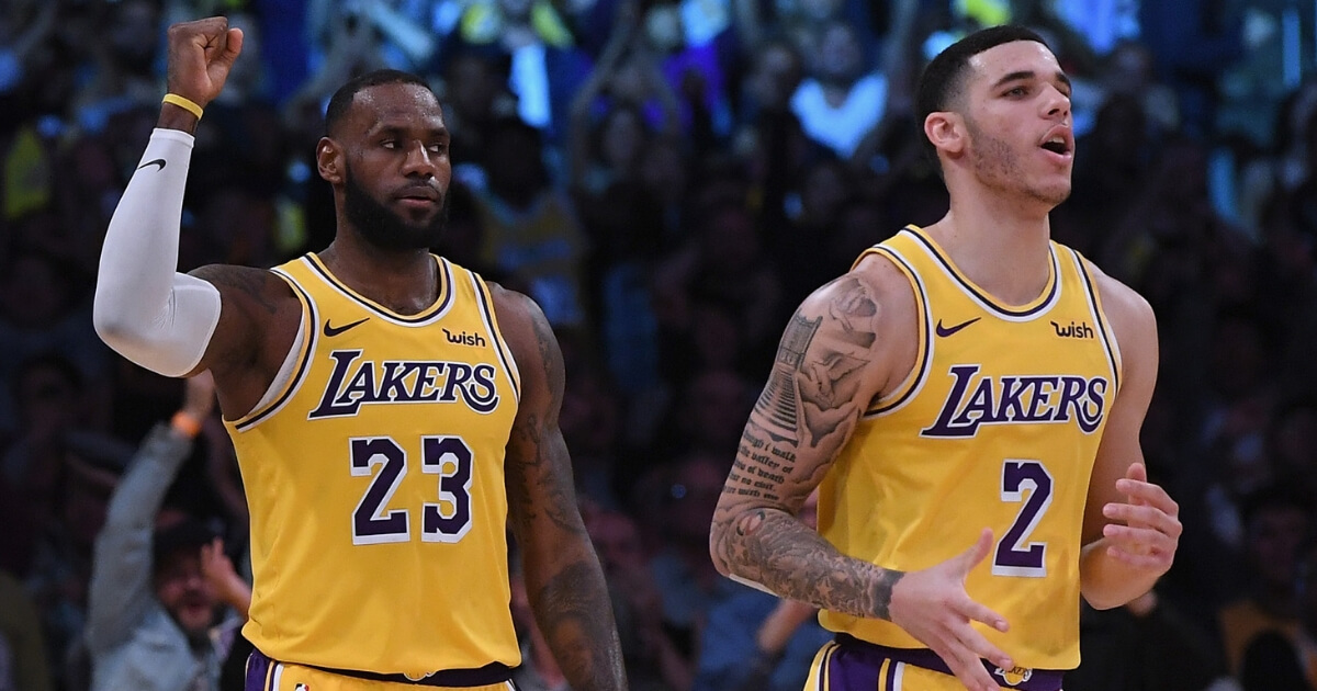 LeBron James, left, and Lonzo Ball in action for the Los Angeles Lakers in an Oct. 22 game against San Antonio Spurs at Staples Center.