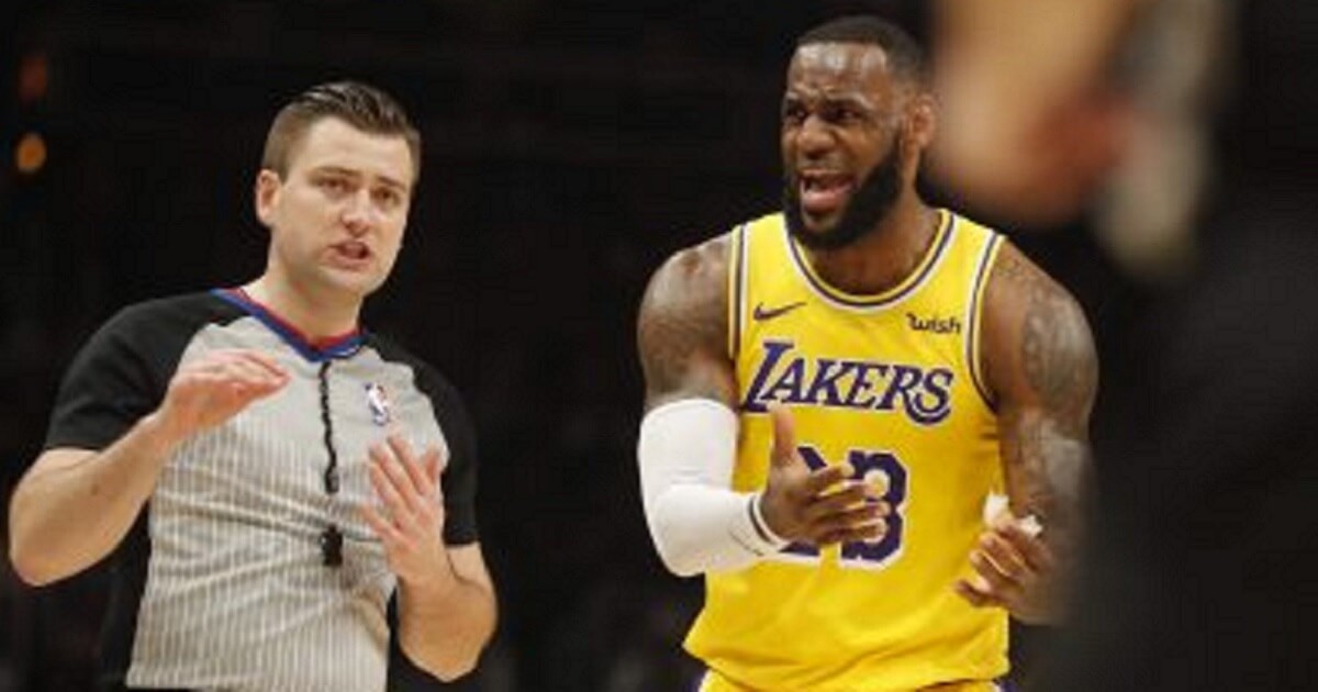 LeBron James argues with an official during Tuesday's game in Atlanta.