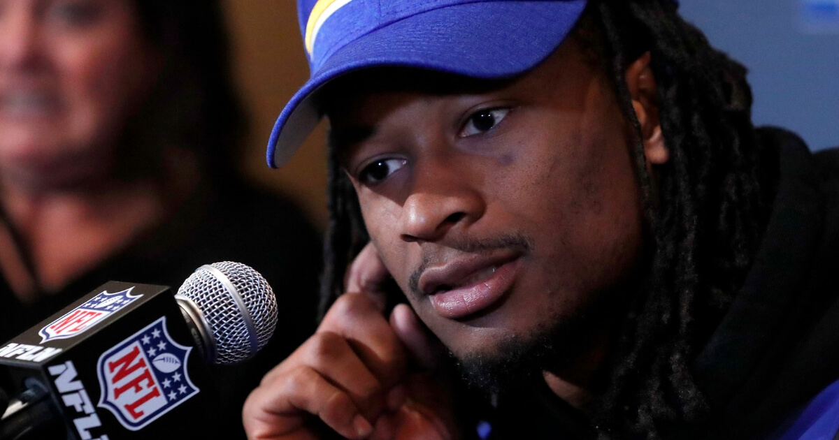 Los Angeles Rams running back Todd Gurley listens to a question during a news conference Tuesday in Atlanta ahead of Super Bowl LIII.