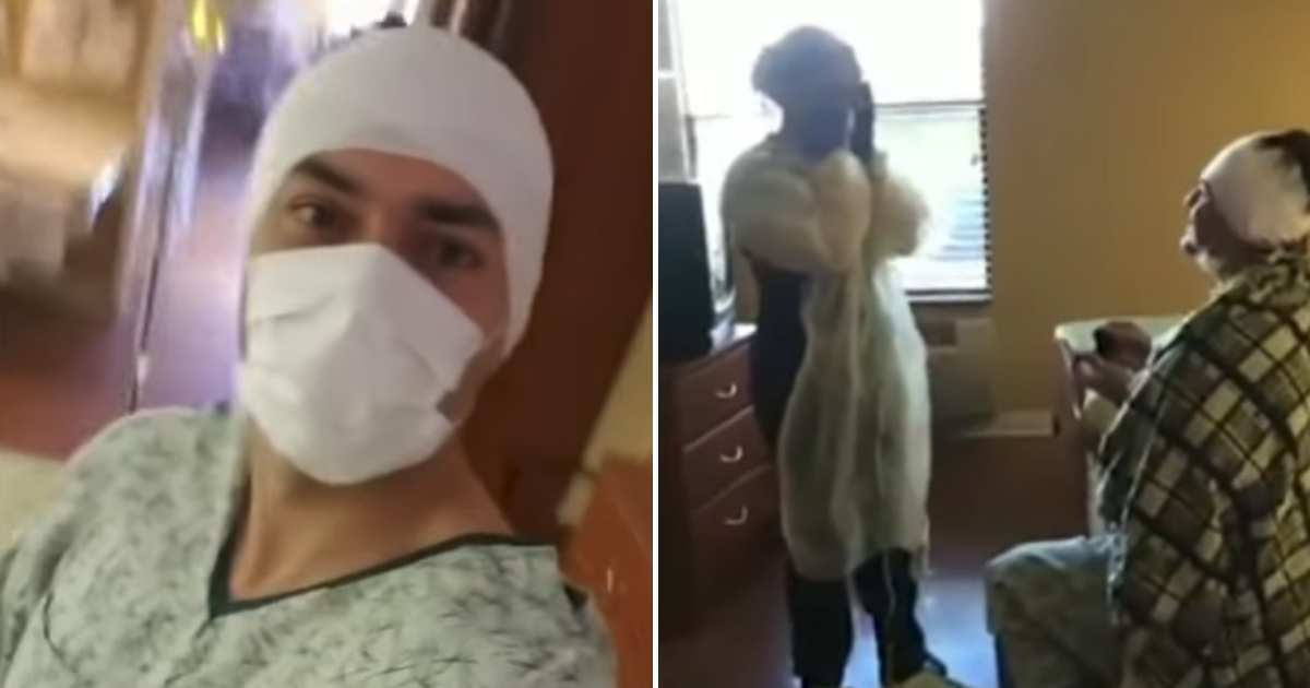 Man wrapped in bandages, left, and proposing to girlfriend, right.