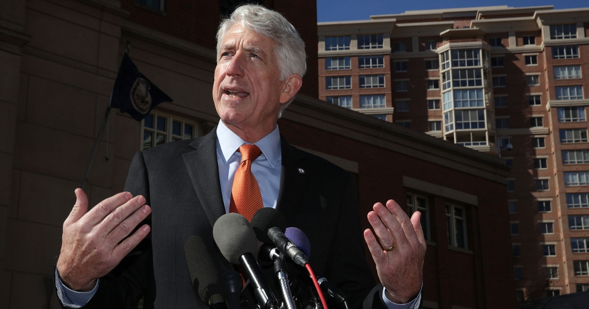 Virginia Attorney General Mark Herring speaks to members of the media after a hearing Feb. 10, 2017, in front of a U.S. District Court in Alexandria, Virginia.