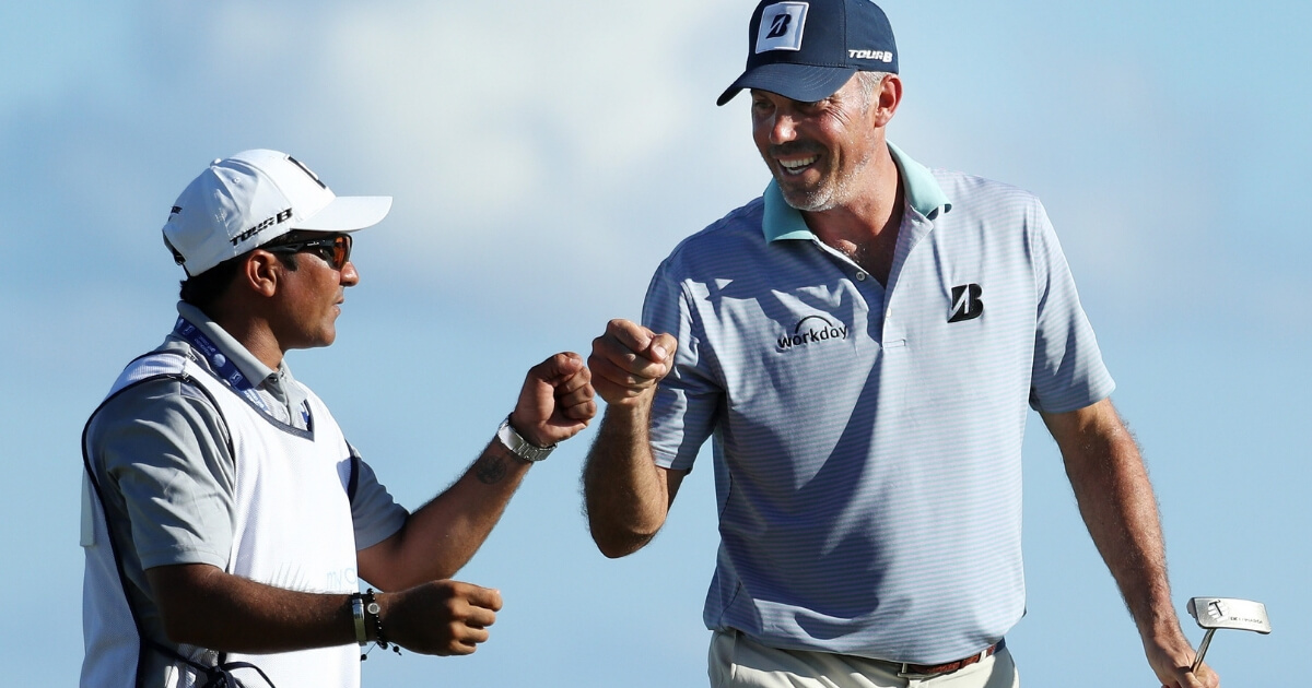 Matt Kuchar of the United States celebrates his birdie with his caddie on the 15th green during the second round of the Mayakoba Golf Classic at El Camaleon Mayakoba Golf Course on November 09, 2018 in Playa del Carmen, Mexico.