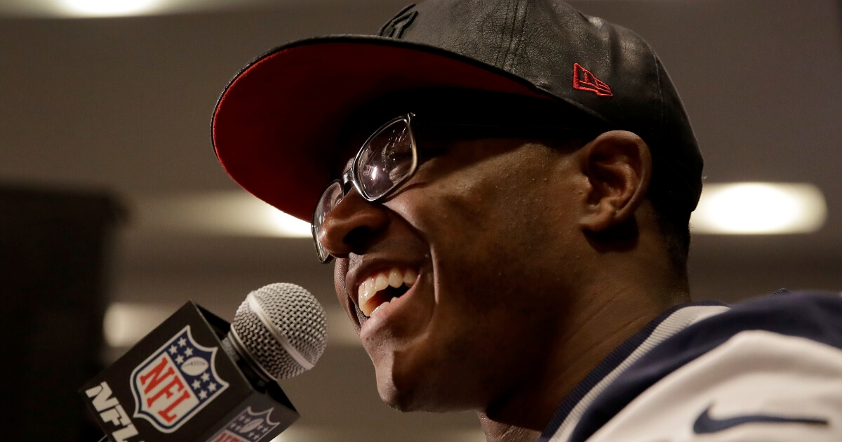 New England Patriots wide receiver Matthew Slater talks to reporters Feb. 1, 2017, before Super Bowl LI in Houston.