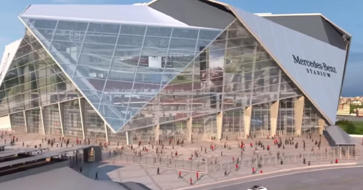 A screen shot from a computer generated video of the Mercedes Benz stadium in Atlanta.