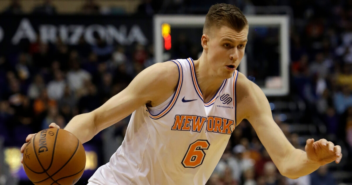 Kristaps Porzingis makes a move during a New York Knicks' game against the Phoenix Suns in 2018.