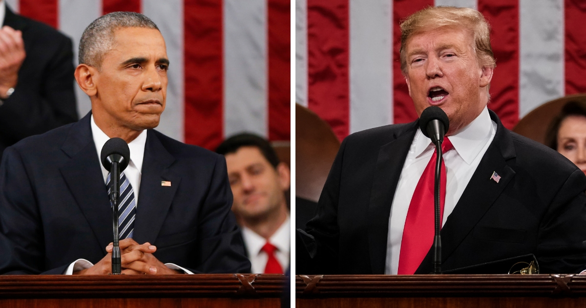 Presidents Barack Obama, left, and Donald Trump, right deliver their State of the Union addresses in the chamber of the U.S. House of Representatives in 2016 and this year, respectively.