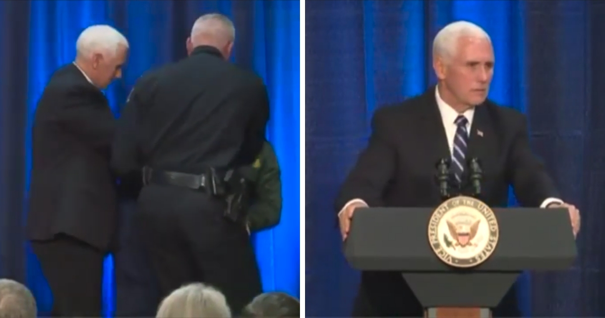 Mike Pence helping Coast Guard member, speaking at podium