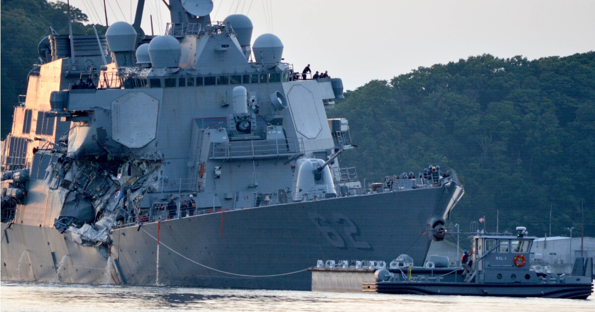 USS Fitzgerald showing damage from the collision.