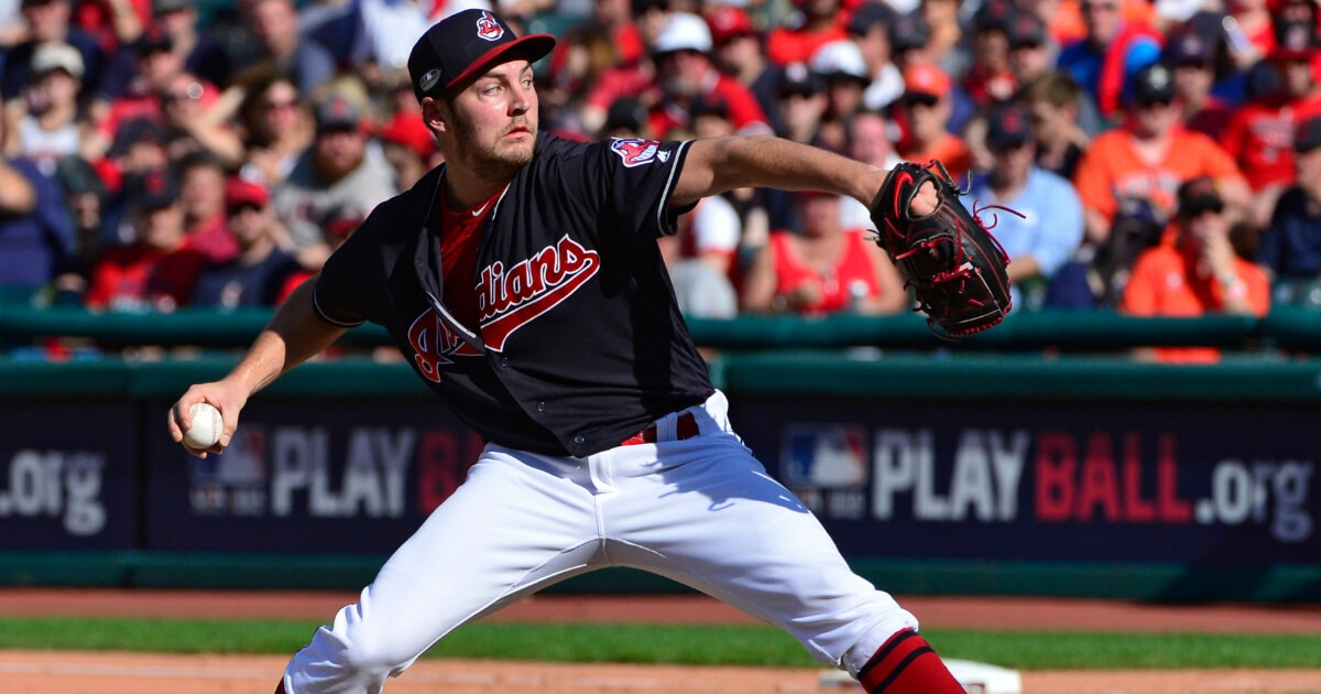 Cleveland Indians starting pitcher Trevor Bauer delivering in the sixth inning during Game 3 of a baseball American League Division Series against the Houston Astros.