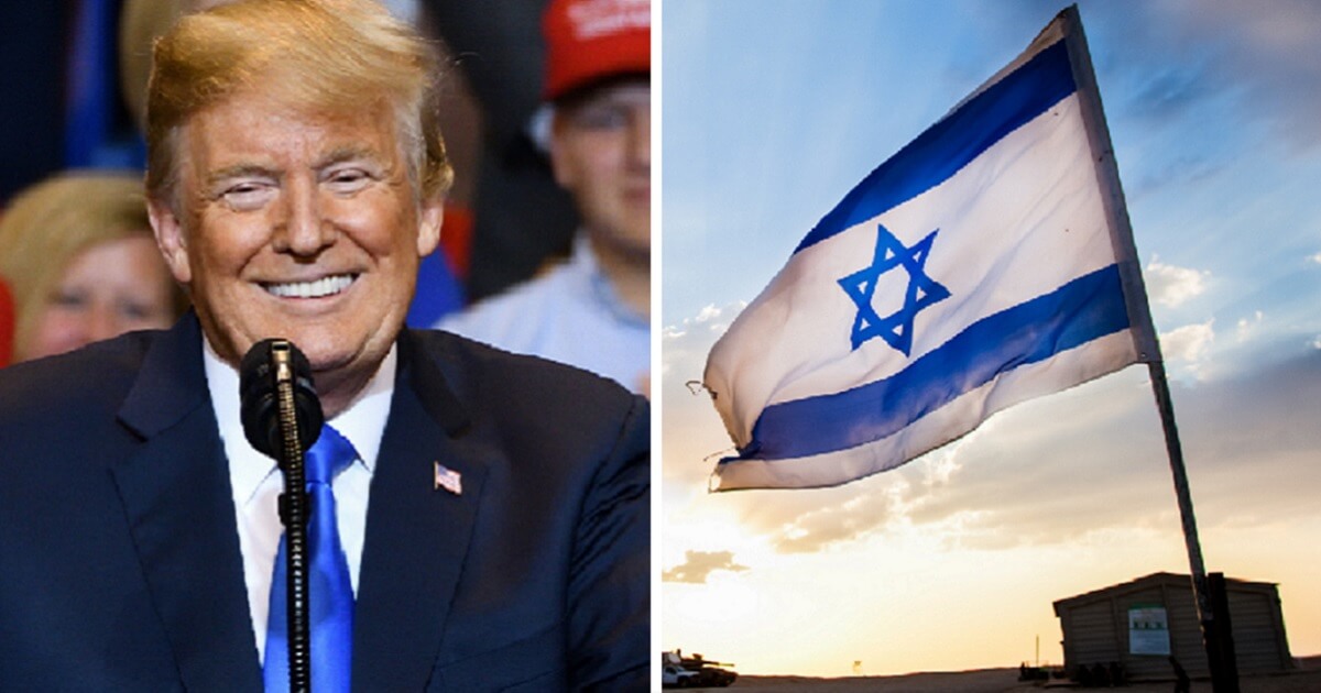 President Donald Trump, left; an Israeli flag, right.