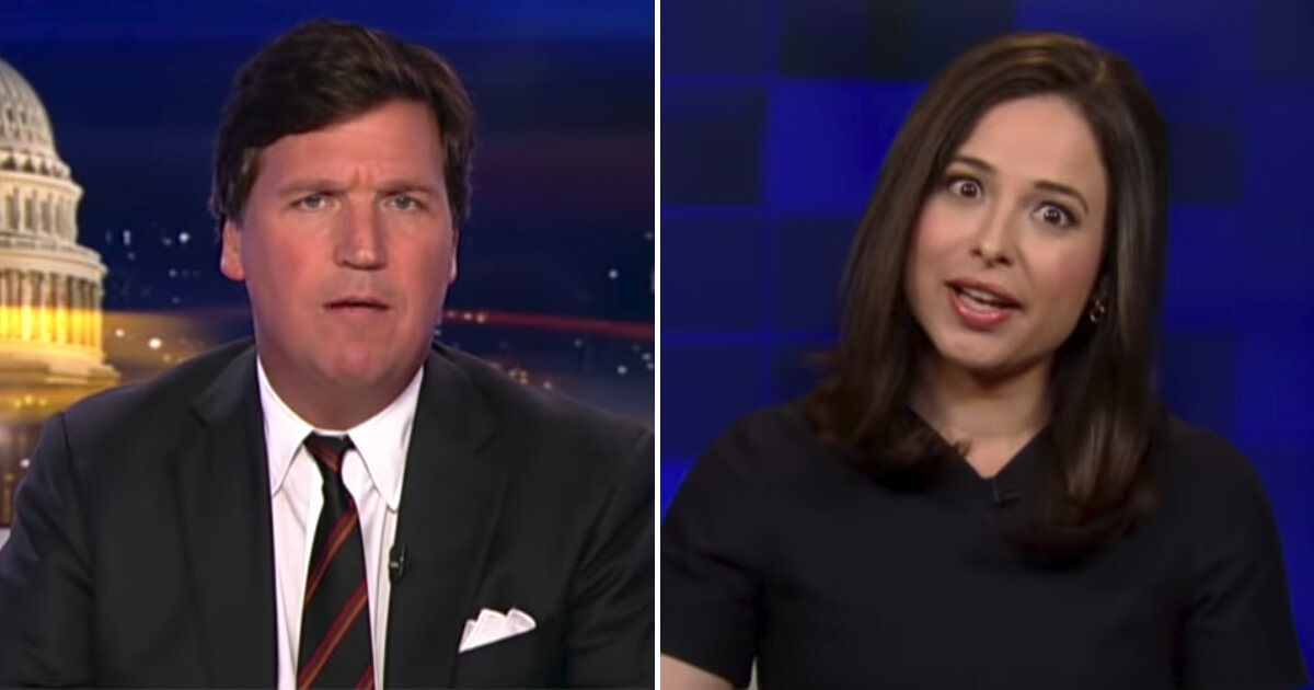 Tucker Carlson, left, and a pro-choice woman, right.