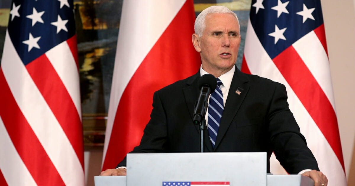 United States Vice President Mike Pence speaks during a joint statement as part of a meeting with Poland's President Andrzej Duda at Belvedere palace.