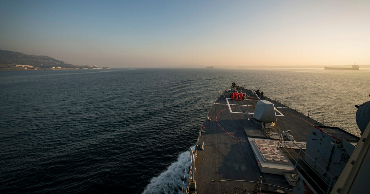 The guided-missile destroyer USS Donald Cook transits the Dardanelles Strait on Tuesday.