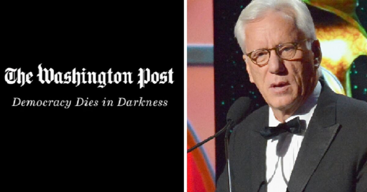 The Washington Post's "Democracy dies in darkness" motto, left; conservative actor James Woods, right.