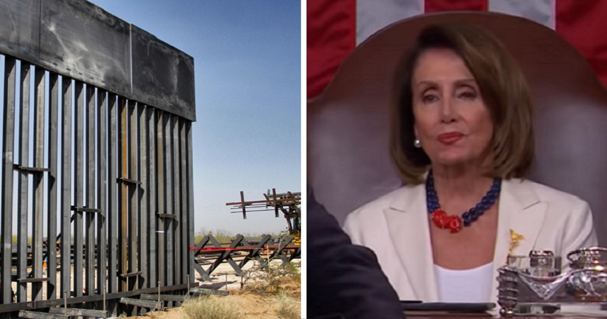 Left: Portions of a southern border barrier being built between Santa Teresa, New Mexico, and Ciudad Juarez in Mexico in April; right: House Speaker Nancy Pelosi scowls as President Donald Trump discusses border security during his State of the Union address on Tuesday.