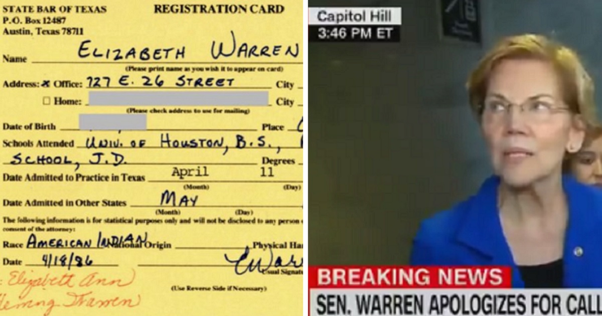 Elizabeth Warren's Texas bar registration card, left; Elizabeth Warren, right.