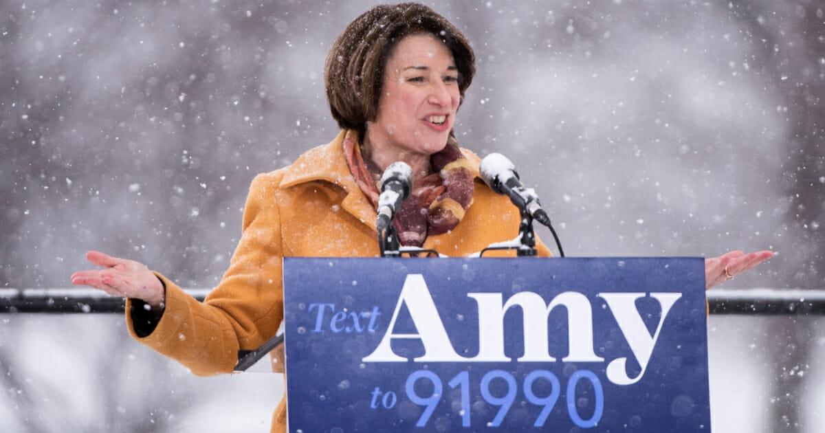 Sen. Amy Klobuchar announces her presidential bid in front of a crowd gathered at Boom Island Park on Feb. 10, 2019 in Minneapolis, Minnesota.