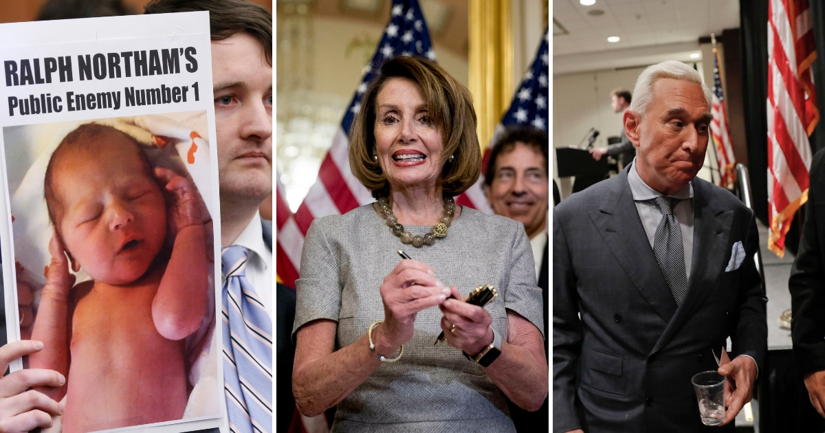 an anti-abortion demonstrator, House Speaker Nancy Pelosi and Roger Stone