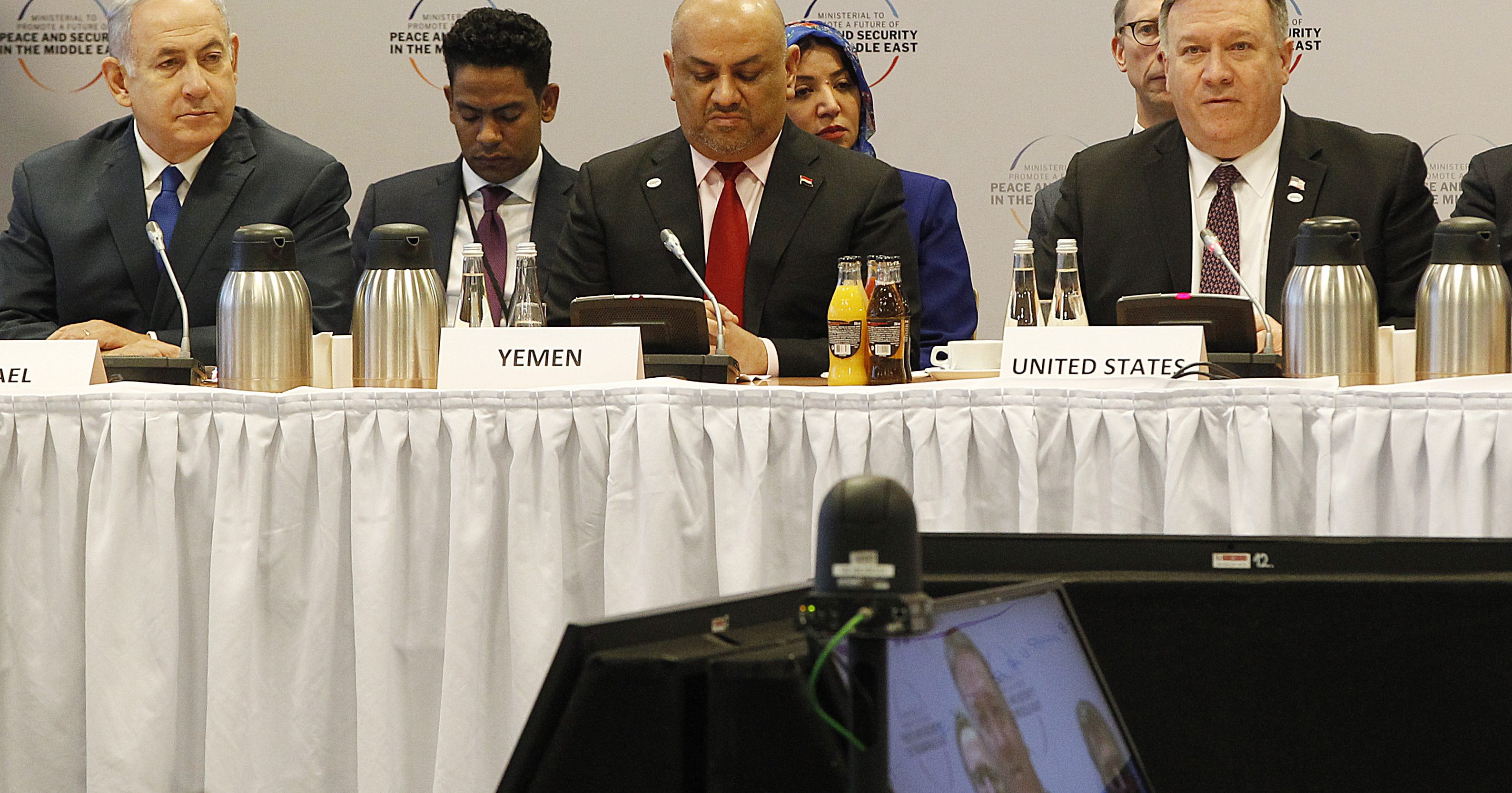From left, Israeli Prime Minister Benjamin Netanyahu, Yemen's Foreign Minister Khalid al-Yamani and US Secretary of State Mike Pompeo attend a session at the conference on Peace and Security in the Middle east in Warsaw, Poland, Thursday, Feb. 14, 2019.