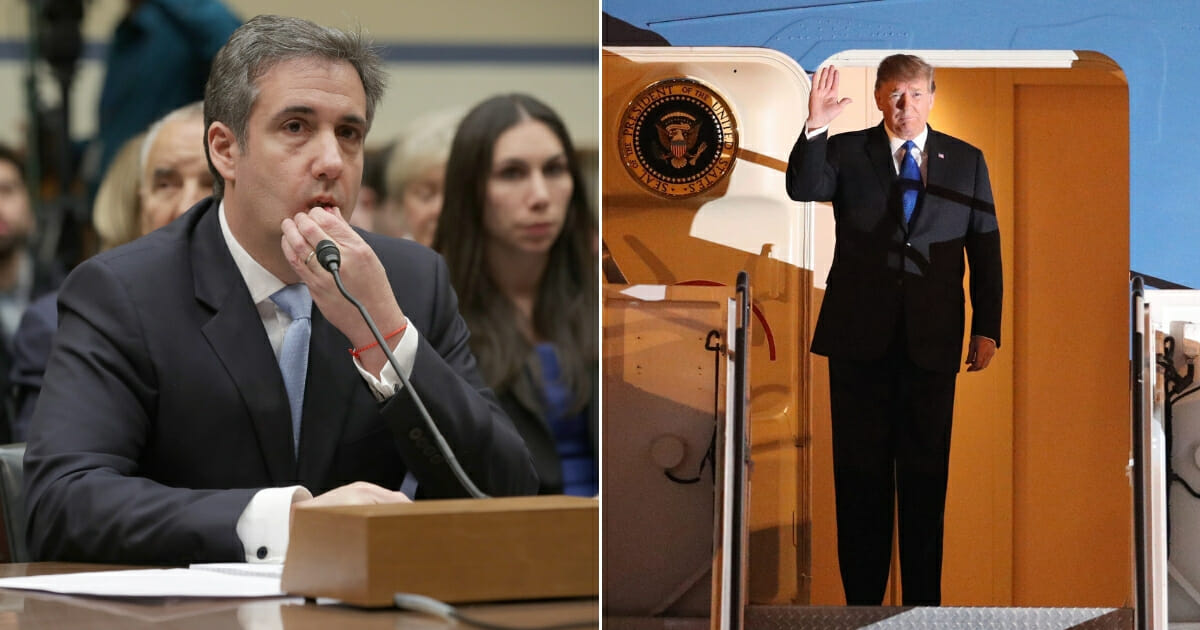 Michael Cohen testifies before the House Oversight Committee; President Donald Trump waves after arriving at Noi Bai airport in Hanoi on February 26, 2019, ahead of the second U.S.-North Korea summit.