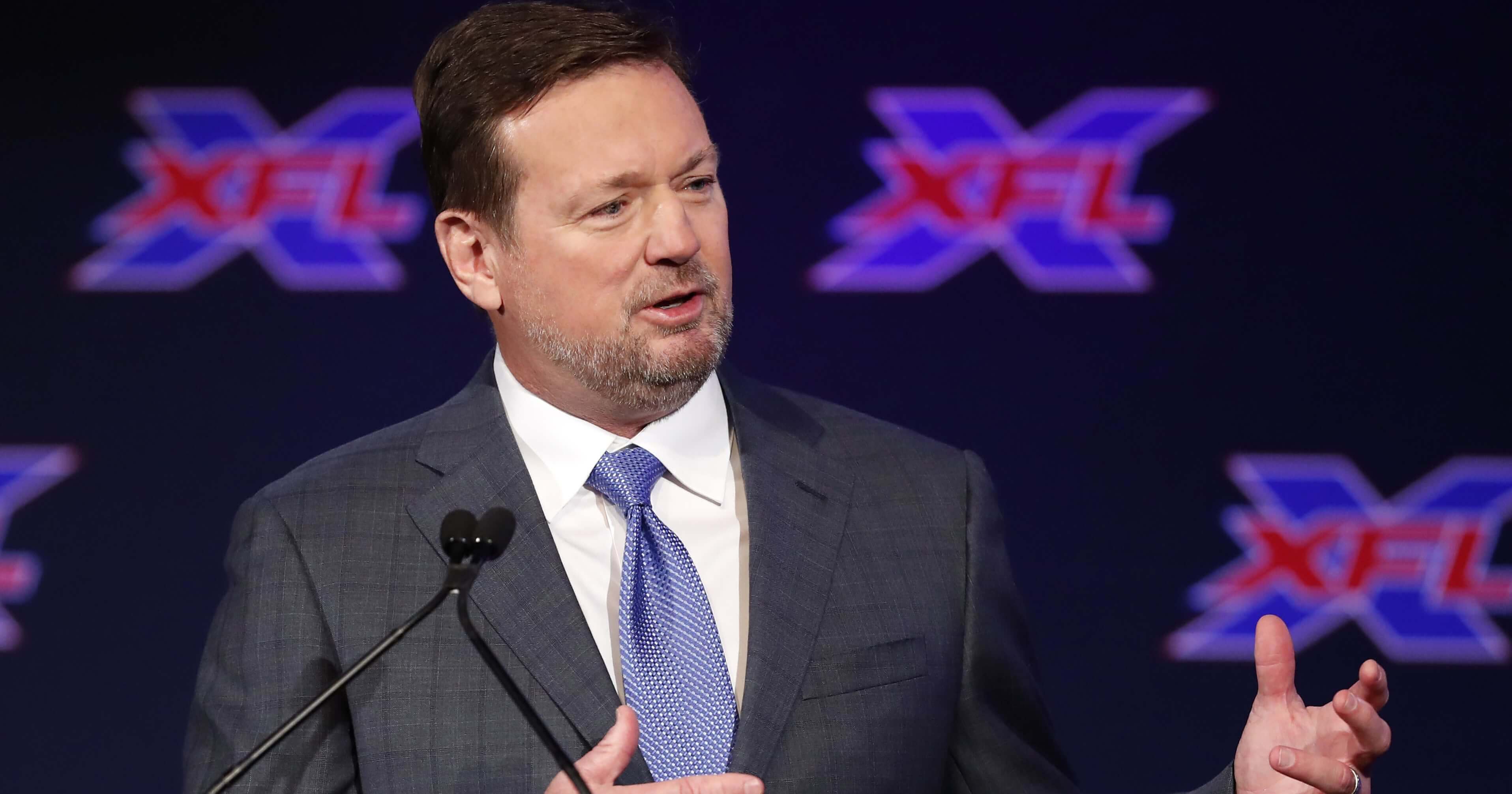 Bob Stoops speaks after being introduced as the new head coach and general manager of the XFL Dallas football team during a news conference in Arlington, Texas, on Thursday.