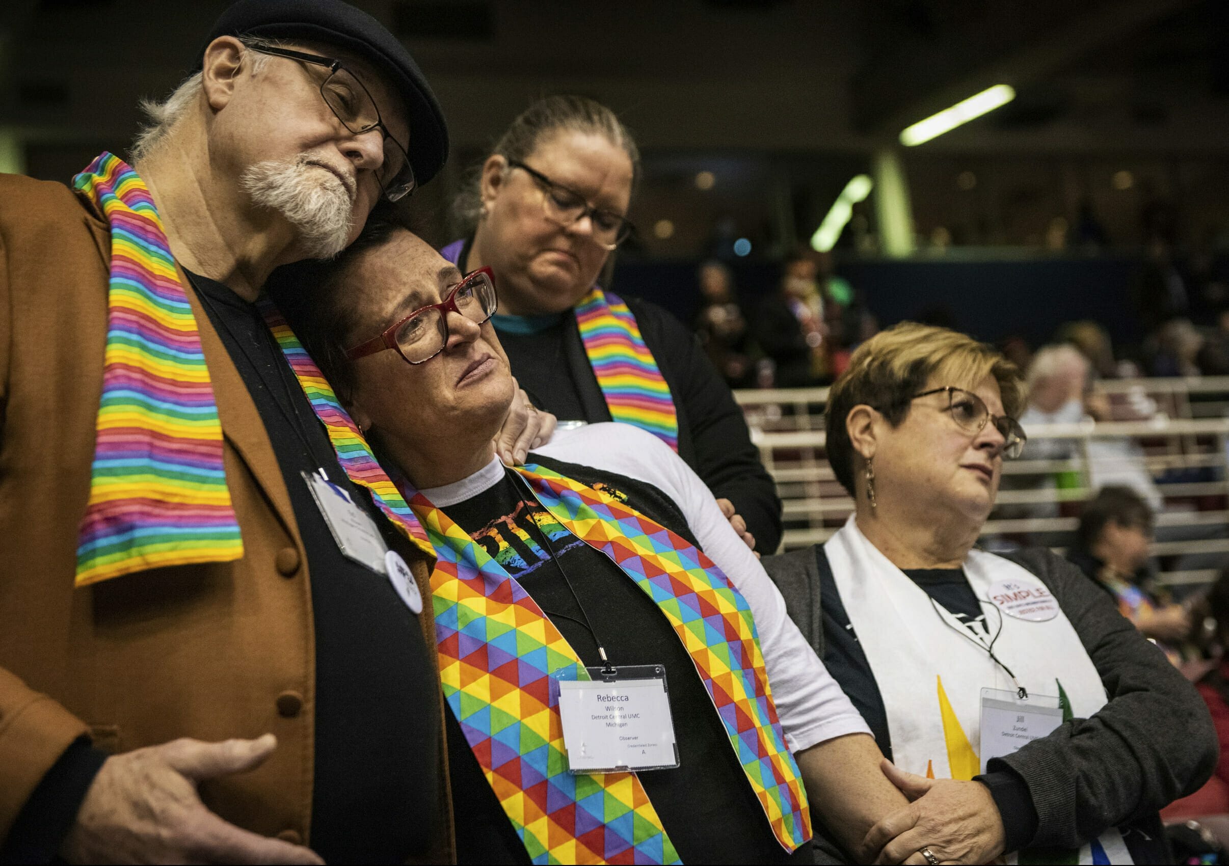 From left, Ed Rowe, Rebecca Wilson, Robin Hager and Jill Zundel, react to the defeat of a proposal that would allow LGBT clergy and same-sex marriage within the United Methodist Church at the denomination’s 2019 Special Session of the General Conference in St. Louis on Tuesday.