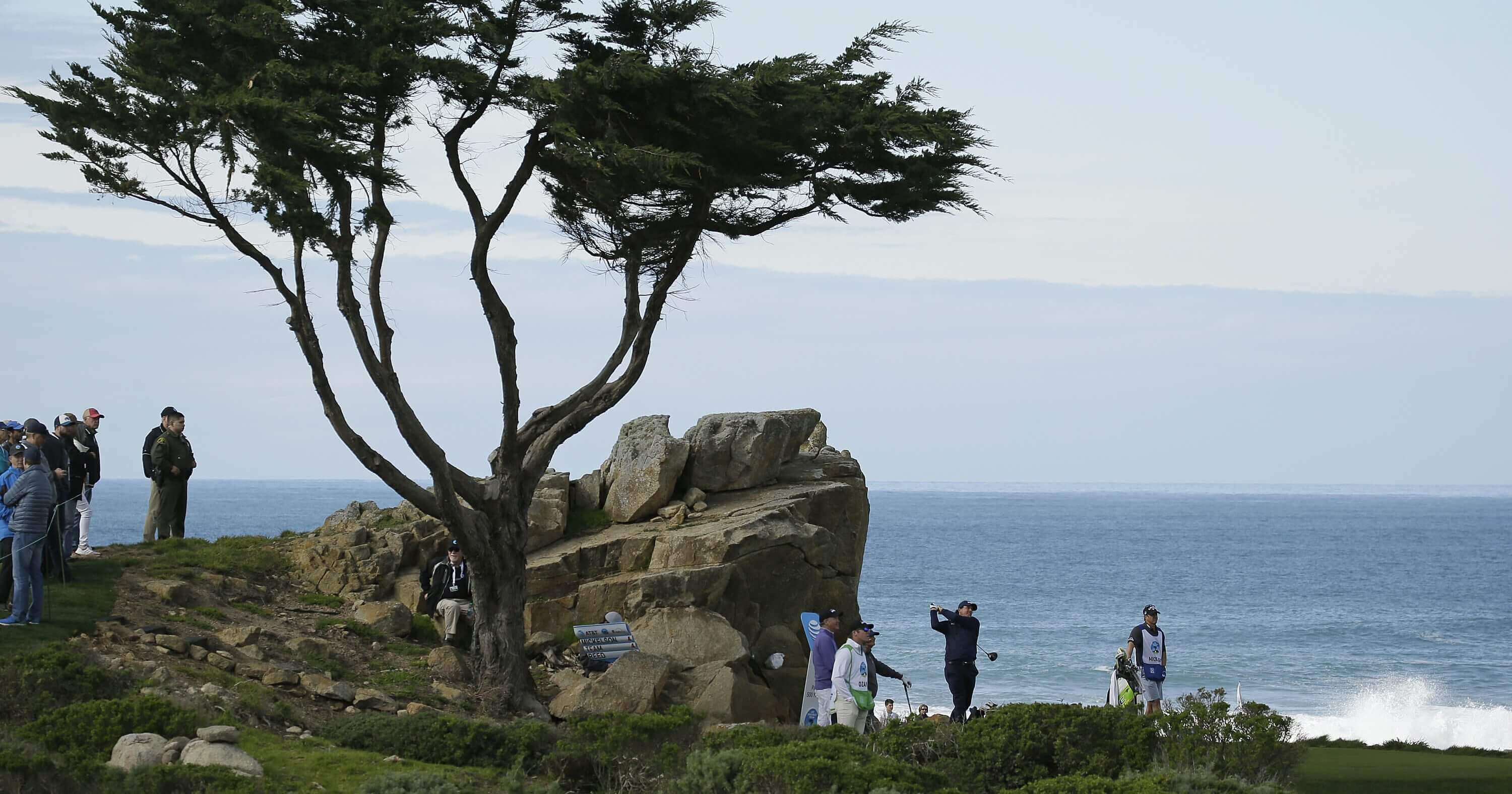 Phil Mickelson follows his drive from the 16th tee of the Monterey Peninsula Country Club Shore Course during the first round of the AT&T Pebble Beach National Pro-Am golf tournament Thursday.