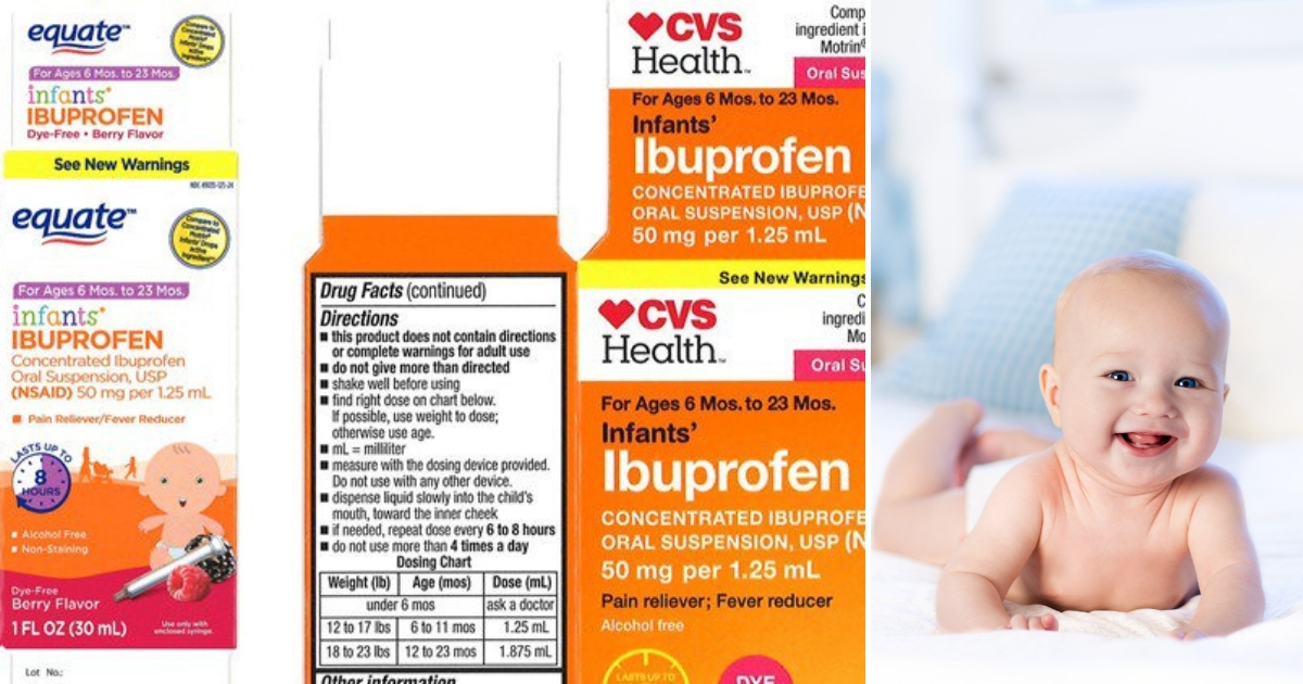Infant liquid ibuprofen, left, and a baby, right.