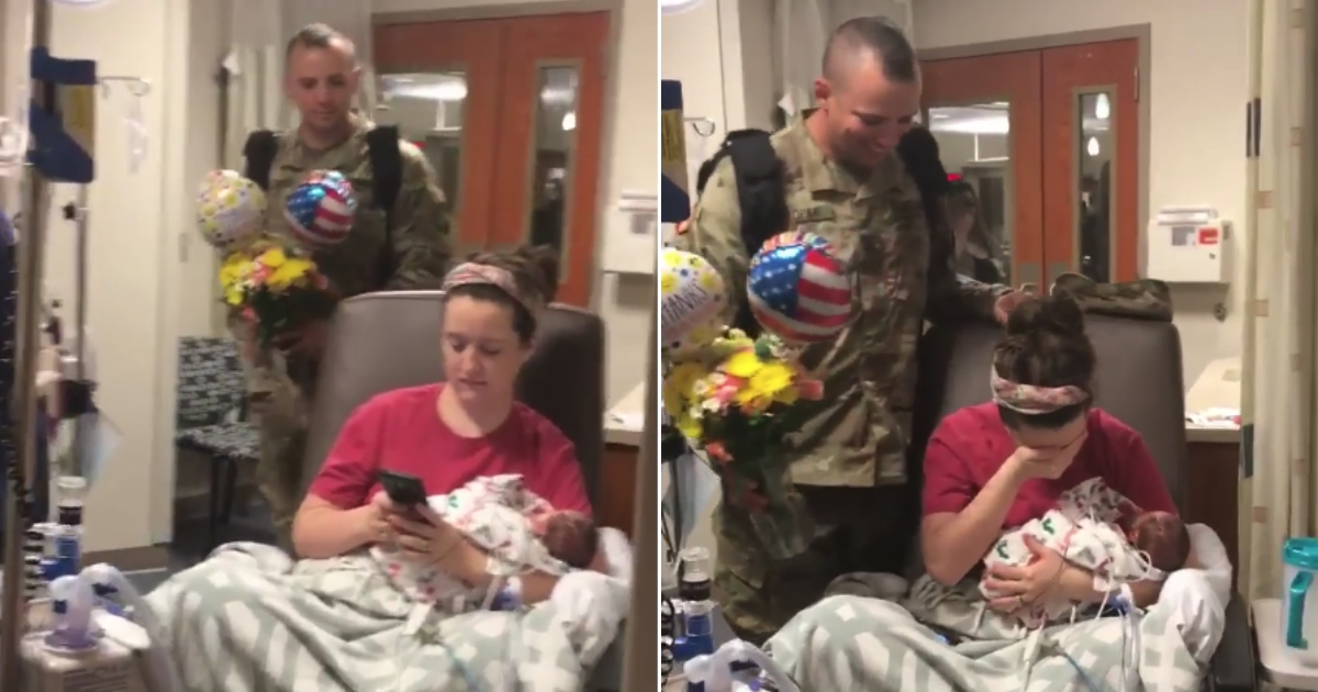 Soldier surprises wife in hospital with newborn.