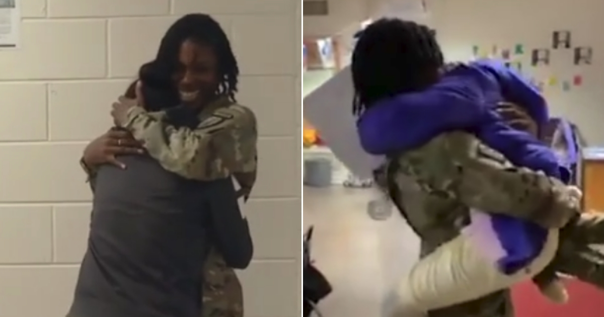 Military mom surprises her kids.