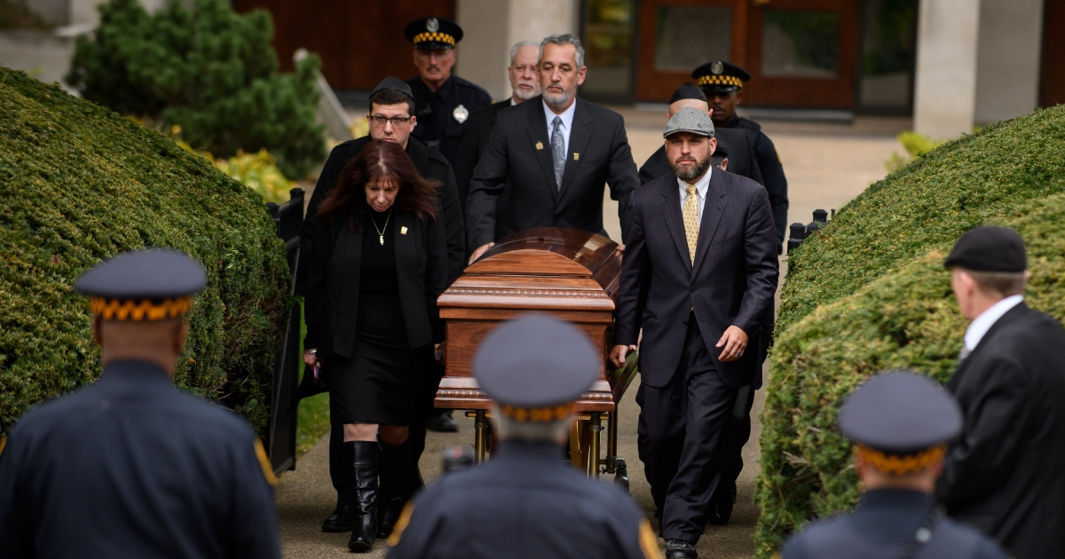 The casket of Irving Younger is led to a hearse outside Rodef Shalom Temple following his funeral on Oct. 31, 2018 in Pittsburgh, Pennsylvania. Irving Younger was one of 11 people killed in the mass shooting at the Tree of Life Synagogue on Oct. 27.