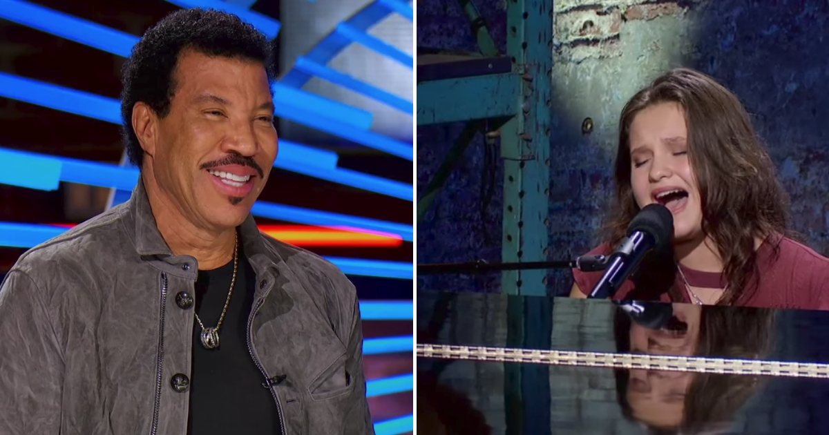 Lionel Ritchie smiles, left, while a 16-year-old girl sings at the piano, right.