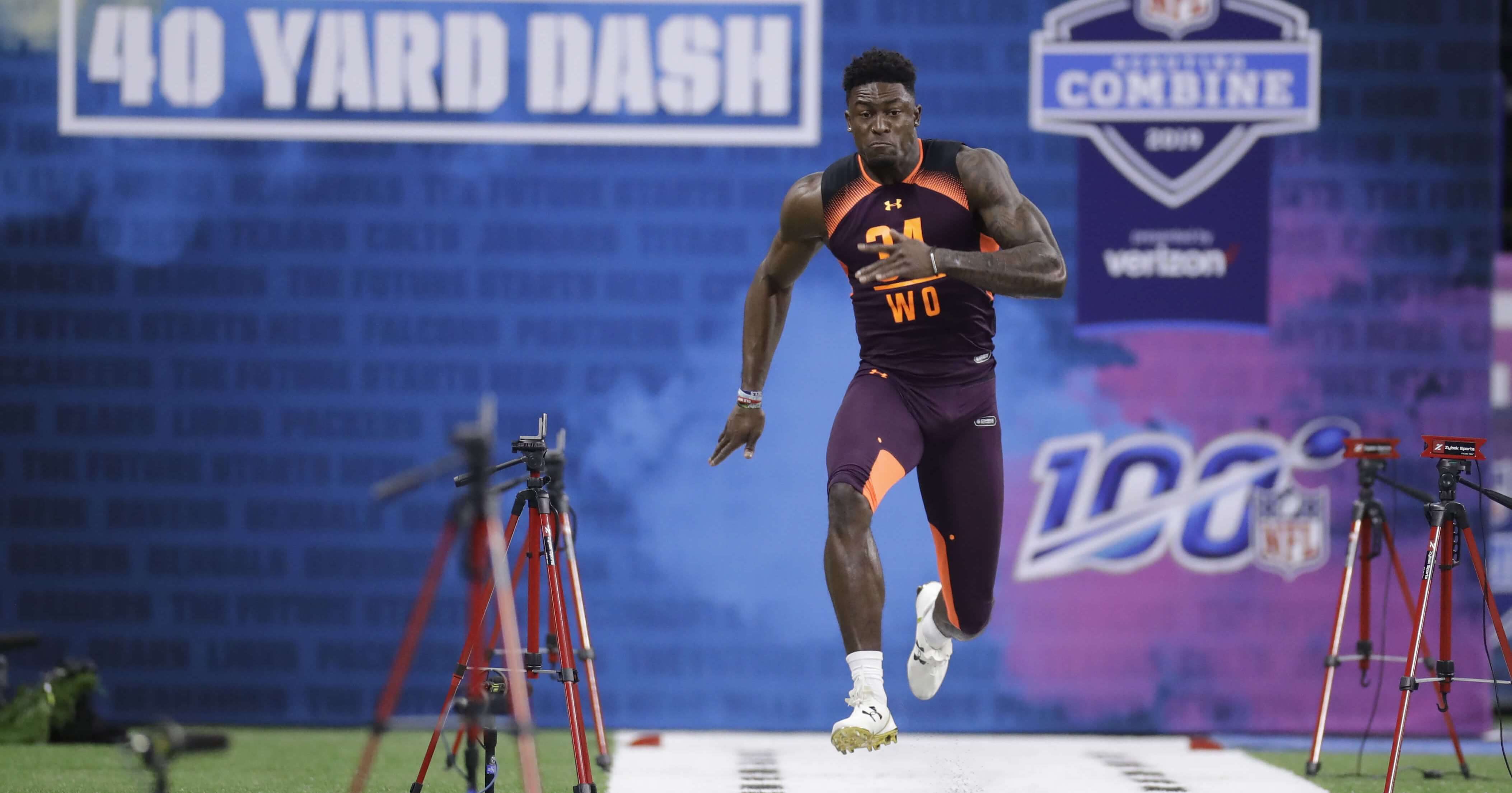 Mississippi wide receiver D.K. Metcalf runs the 40-yard dash during the NFL football scouting combine, Saturday, Mar. 2, 2019, in Indianapolis.