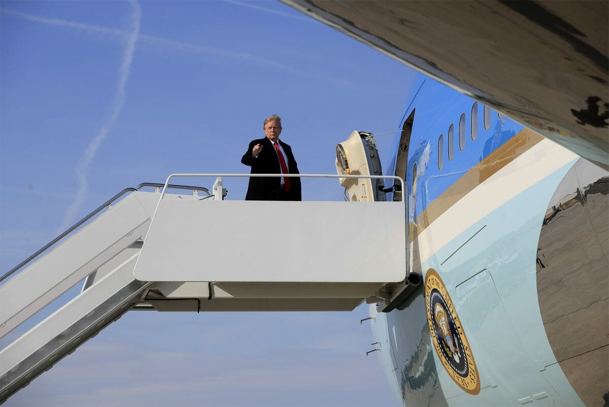 President Donald Trump boards Air Force One at Andrews Air Force Base, Maryland., on March 28, 2019, to attend a campaign rally in Grand Rapids, Michigan.